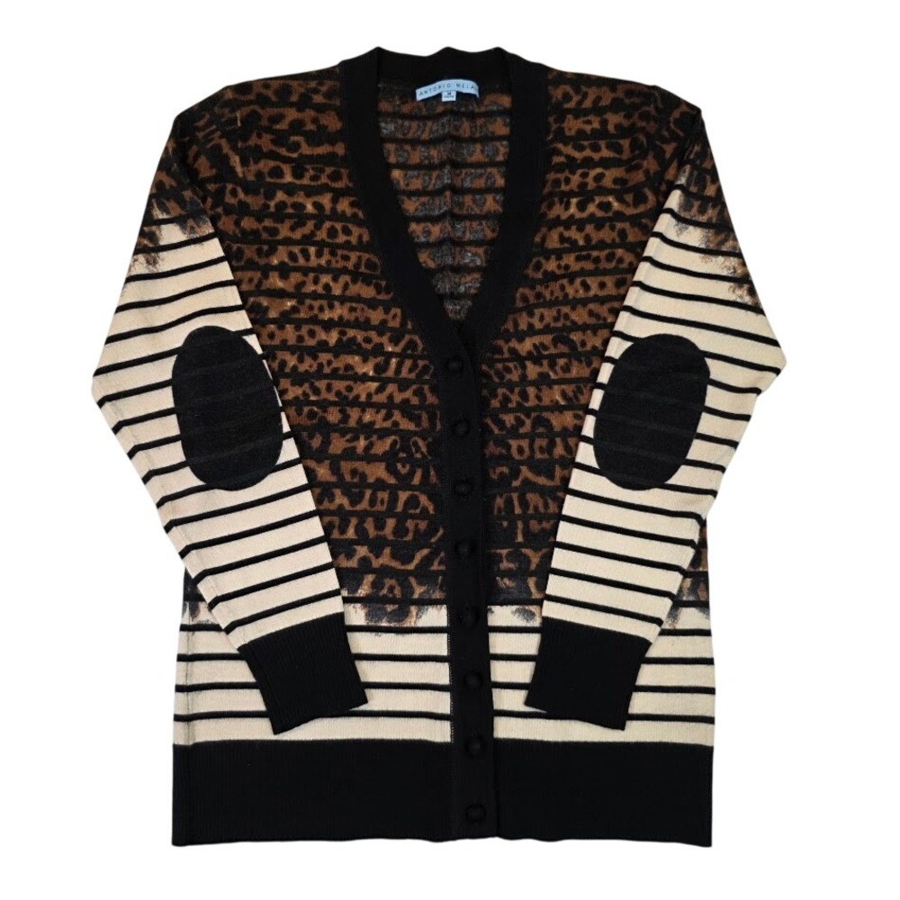 Antonio Melani Womens M Cardigan Brown Black Leopard Stripe Elbow Patch Wool